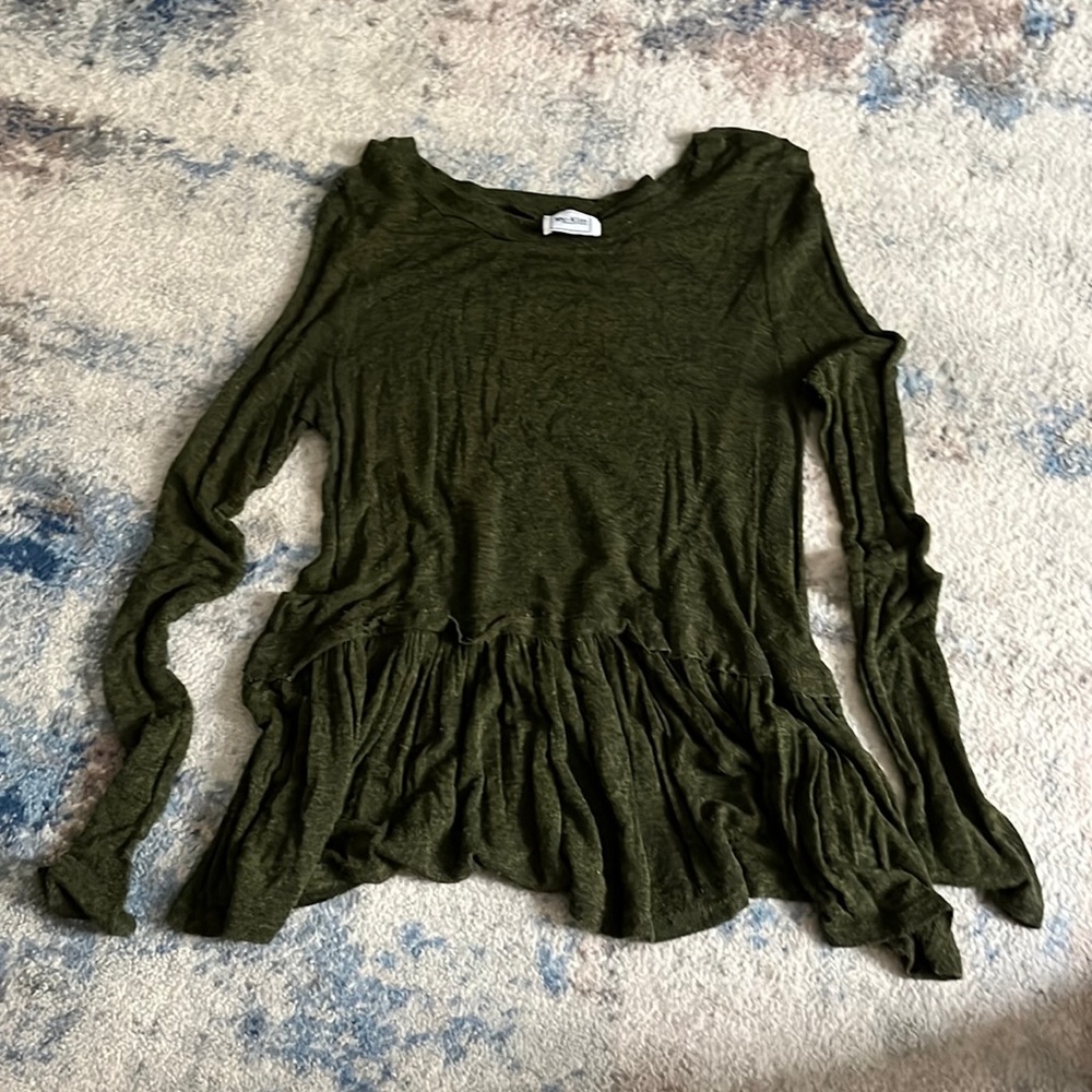 Dark Green Cotton Long-Sleeved Top, Peplum Style